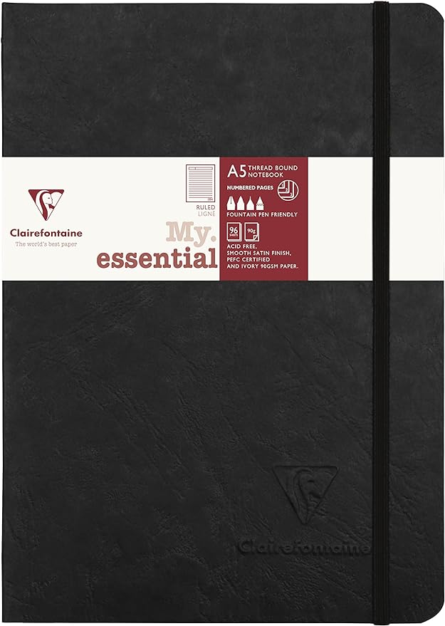 Clairefontaine MY ESSENTIALS Thread-bound Notebooks, A5, 90gsm, 192 pages-Black/Lined - Image 2