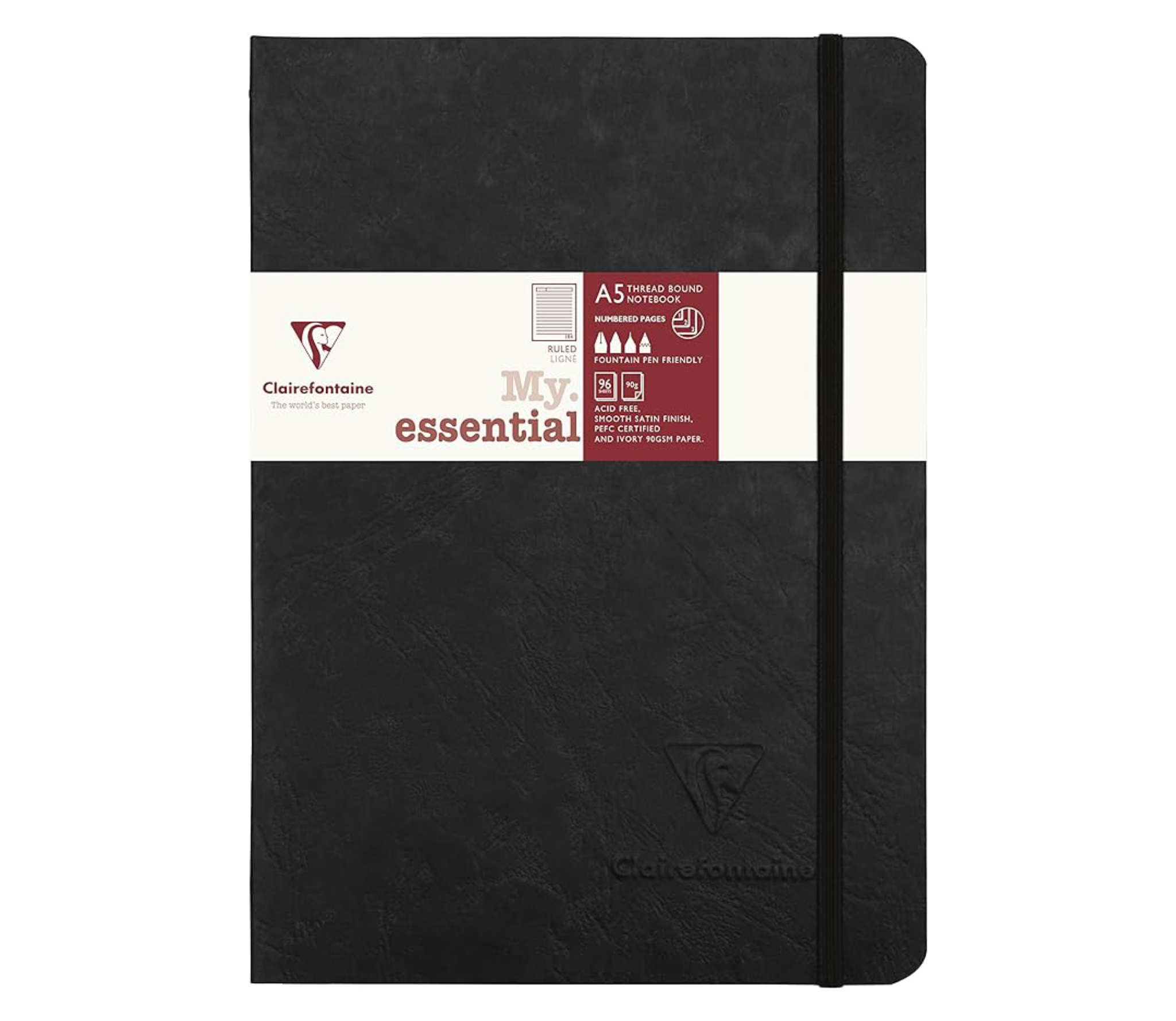 Clairefontaine MY ESSENTIALS Thread-bound Notebooks, A5, 90gsm, 192 pages-Black/Lined
