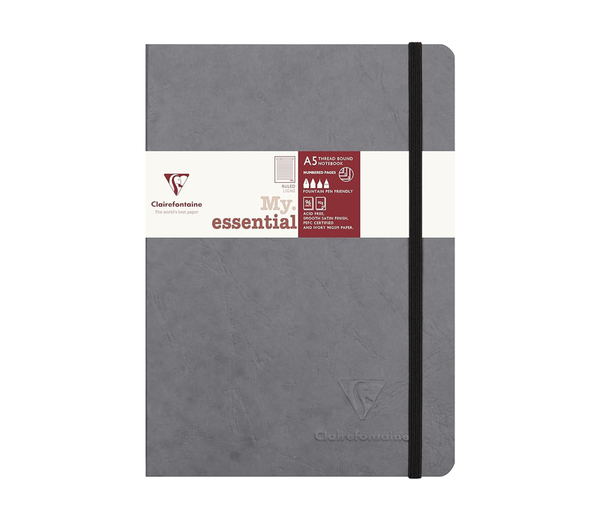 Clairefontaine MY ESSENTIALS Thread-bound Notebooks, A5, 90gsm, 192 pages-Gray/Lined
