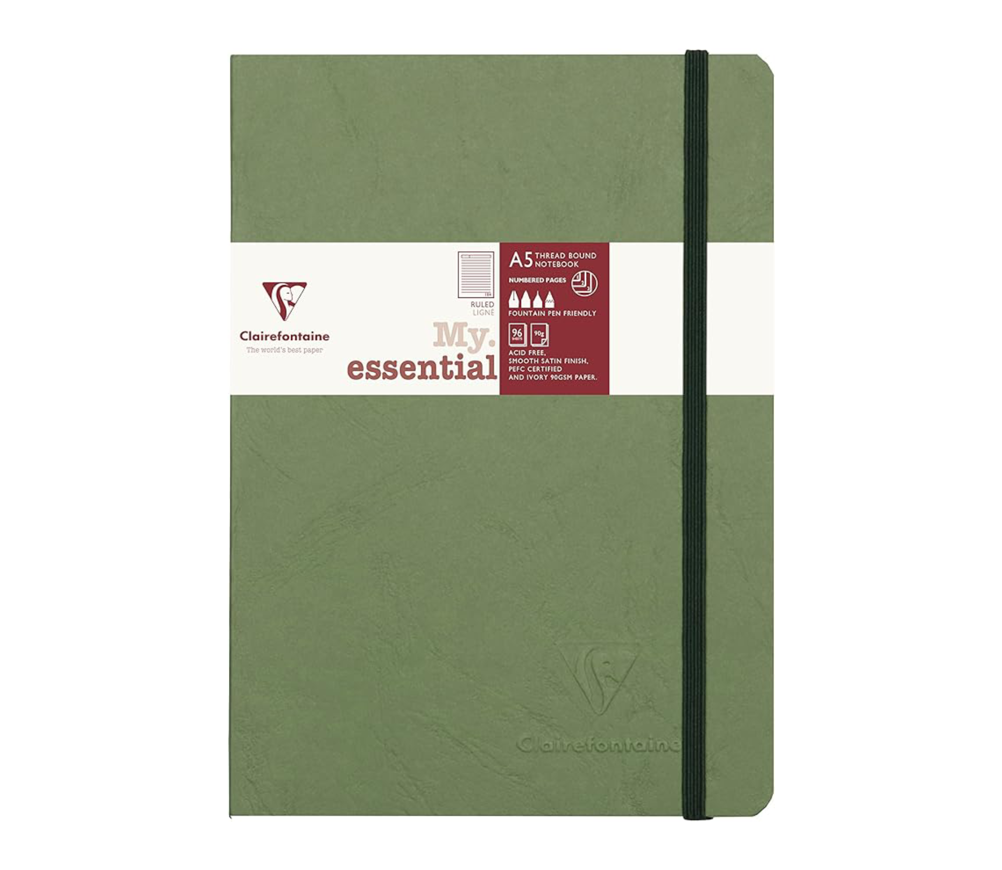 Clairefontaine MY ESSENTIALS Thread-bound Notebooks, A5, 90gsm, 192 pages-Green/Lined