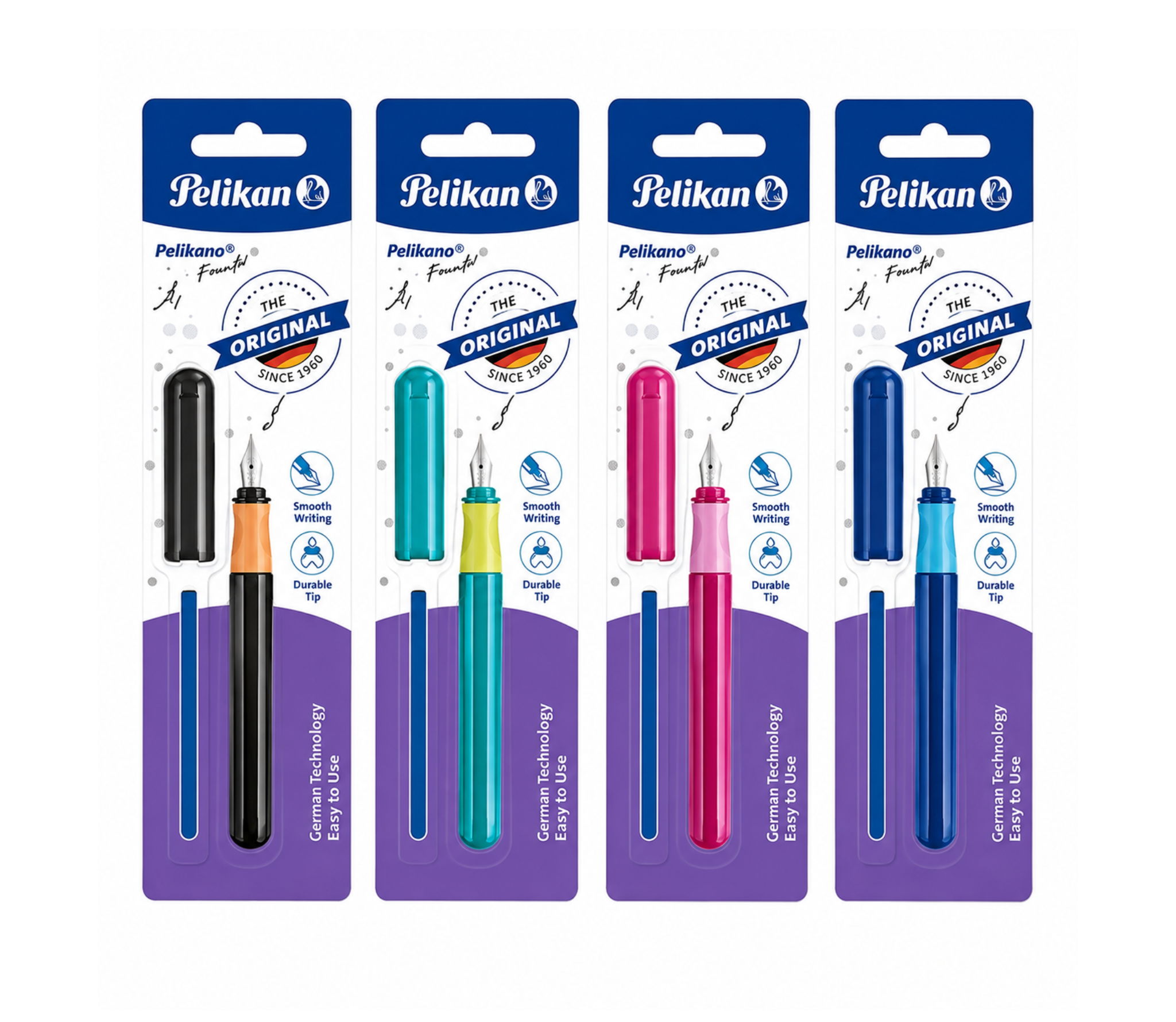 Pelikan Pelikano Junior Fountain Pen in Blister card, A-nib with cartridge assorted colours