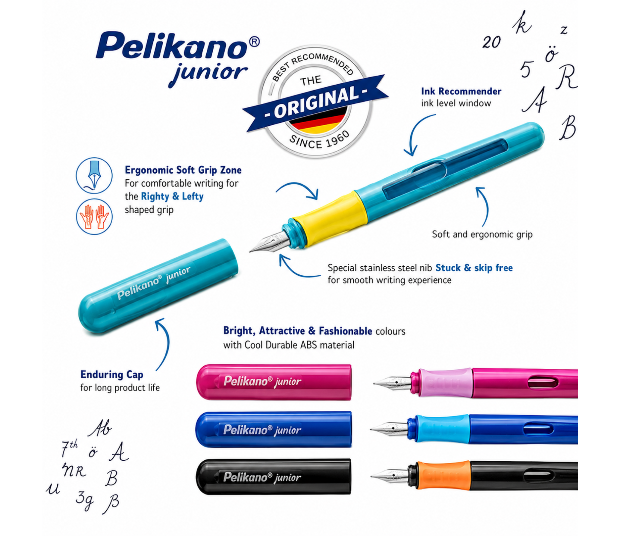 Pelikan Pelikano Junior Fountain Pen in Blister card, A-nib with cartridge assorted colours
