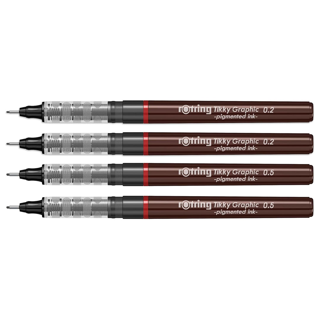 Rotring Tikky Graphic Pigment Liners Set – 0.2 mm & 0.5 mm | Black Ink | Pack of 4