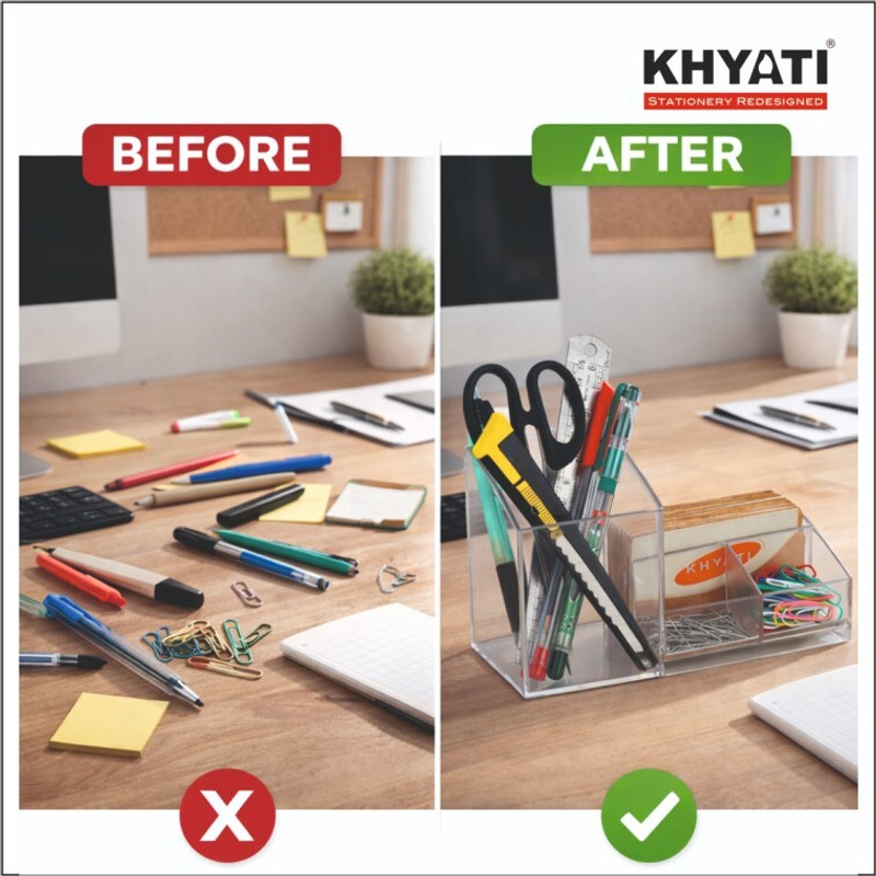 Khyati Elite Pen Stand | Transparent Desk Organizer with Multiple Compartments - Image 3